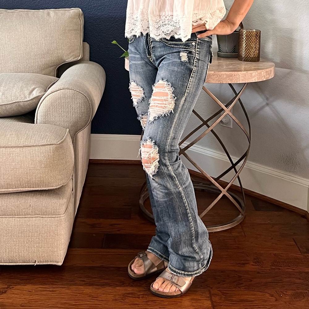 Machine Distressed Gray Women's Boot Cut Jeans
